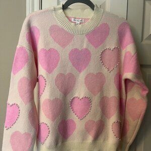 NWT Women's Blu Pepper Heart Print Sweater - Pink & Cream Pearl Details - Medium